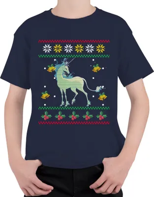 Produktbild von Das letzte Einhorn - Ugly Christmas Sweater Weihnachten Weihnachtsgeschenk Uni Kinder T-Shirt, Navy, 104