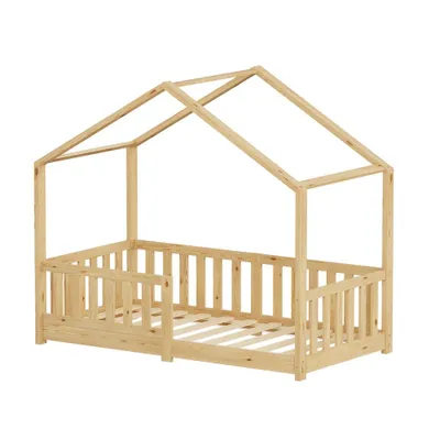Produktbild von ecomi® Kinderbett 90x200 cm Hausbett mit Rausfallschutz & Lattenrost, Natur