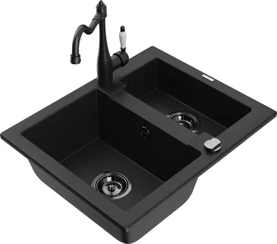 Produktbild von Mexen Carlos 1,5-Becken-Granitspüle mit Mischbatterie Carla, Schwarz - 6518-77-670700-70-B