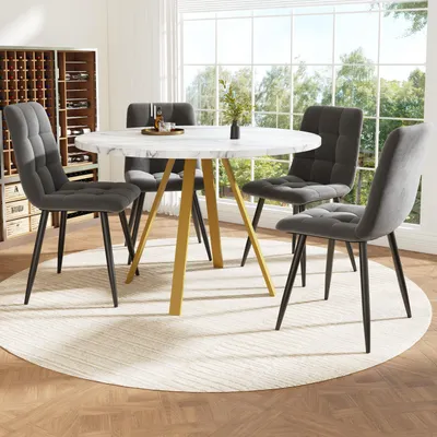 Produktbild von Sweiko Esstisch-Set (5-teilig), runder Esstisch, 80×80×75 cm Esstisch (inkl. 4 Esszimmerstühle), runder Couchtisch für 4 Personen, Samtstühle (inkl. weißem Marmortisch), graue Esszimmerstühle