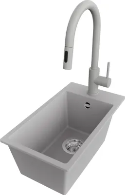 Produktbild von PRIMAGRAN Granitspüle Grau 28x50cm, Spülbecken 1 Becken + Küchenarmatur 40x20cm + Ablauf-Set, Küchenspüle ab 30er Unterschrank - Riga