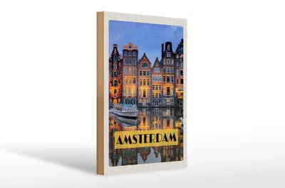 Produktbild von Holzschild Reise 20x30cm Amsterdam bei Nacht Reiseziel