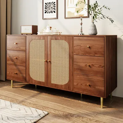 Produktbild von Sideboard, Rattan-Sideboard, Aufbewahrungsschrank mit Schublade, unabhängiger Holzschrank, Küche, Zuhause, Wohnzimmer, braun, 160 x 40 x 90 cm