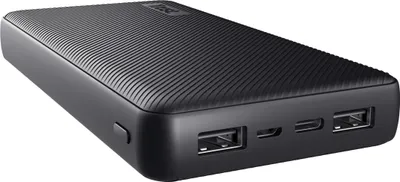 A black power bank with a textured surface is shown from a diagonal angle.