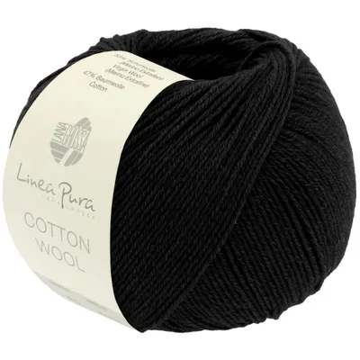 A ball of black yarn with a label.