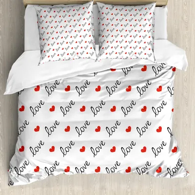 Produktbild von ABAKUHAUS Liebe Bettbezug Set, Liebes Valentinstag Kalligraphie Verzierung Stilvolle Illustrations Kunst, 200 x 200 cm + 80 x 80 cm, Vermilion Schwarz