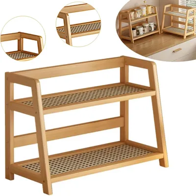 Produktbild von Küchen Organizer, 2 Tiers Bambus Rattan Geflecht, Gewürzregal Stehend, Kaffeepads & Tee Halter Tassenhalter, Deko Küche