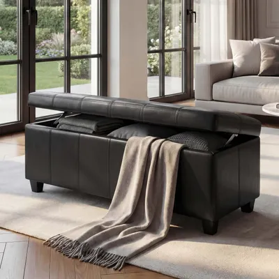 Image de Coffre de rangement Banquette Kriens, CUIR, 112x45x45cm ~ noir