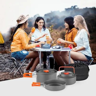 Produktbild von Campinggeschirrset, Aluminium Kochgeschirrset, Wasserkocher mit Netzfach für Rucksackreisen, Kochgeschirrset, Wandern und Picknicken, für 2-3 Personen