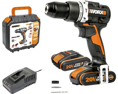 Obrázek produktu pro Aku vrtací šroubovák Worx WX352 20 V max. 60Nm, včetně 2x aku 2,0Ah a nabíječky
