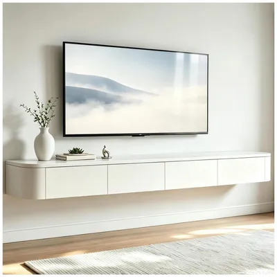 Zdjęcie produktu dla Półka wisząca pod telewizor, biała, 240 cm, z 2 szufladami