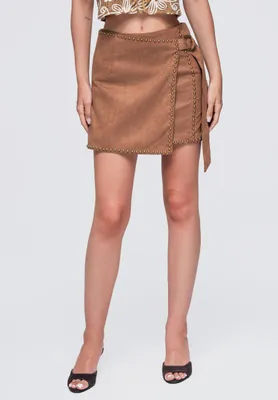 Produktbild von LARICA Spódnica mini Kopertowy fason Elegancki styl OW-GL-E0023 camel S/M