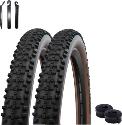 Produktbild von Angebot Set 2 x Schwalbe Smart Sam ADDIX Performance Line Fahrradreifen Schwarz/Bronze 65-622 (29x2.60) + 2 x Schwalbe Schläuche AV19F inkl. maxxi4you Reifenheber