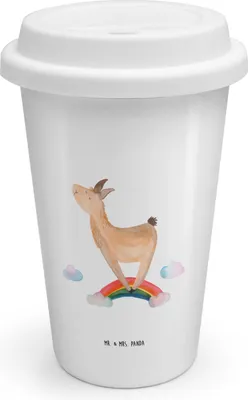 Produktbild von Mr. & Mrs. Panda ToGo Kaffeebecher Lama Regenbogen - Weiß - Geschenk, To Go, Freiheit, Selbstständig, Abi, keramik, Becher, Thermobecher, Mehrwegbecher, Lamas