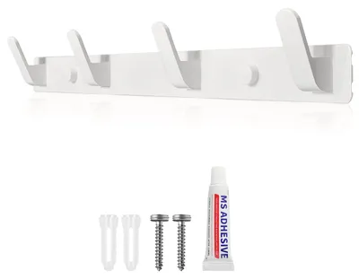 Produktbild von Weißer Handtuchhalter, Garderobenhaken, Hakenleiste mit 4 Haken. Stabile Kleiderhaken für Jacken, Mäntel, Taschen, Hüte, Schals und mehr.