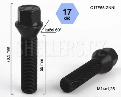Obrázok produktu pre Skrutka kolesa M14x1,25x55 s kužeľom, kľúč 17, C17F55-ZNNI, čierna, výška 78,5