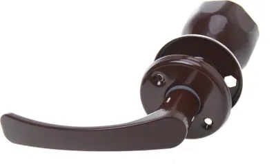 A single brown door handle set with a rosette and a knob, photographed against a white background.