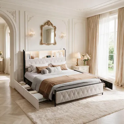 Immagine prodotto di Letto imbottito INONEFT, 160x200 cm, con illuminazione LED, porte USB di tipo C e USB, letto per giovani con 3 spazi contenitori nella testiera, 4 cassetti, rivestito in velluto, color beige