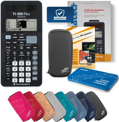 Produktbild von TI-30X Plus MP Taschenrechner mit Tasche schwarz, Schutzfolie, Buch & Zirkel Set