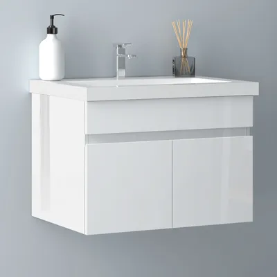 Produktbild von Waschtisch mit Unterschrank 60cm BERGEN Badmöbel Set Hochglanz Weiß Dick Keramik Waschbecken mit Unterschrank MDF Softclose