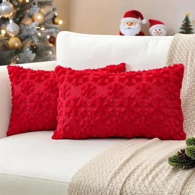 Productafbeelding van Set van 2 kerstkussenslopen, pluche, rood, 40x60 cm, met sneeuwvlokkenprint
