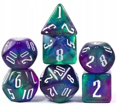 Produktbild von 7-teiliges Würfelset 16mm Lila Grün Blau D&D MTG