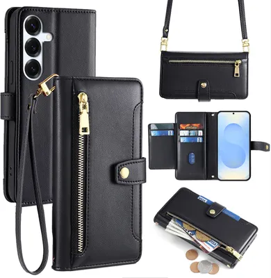 Produktbild von Handykette Samsung Hülle mit Band Handyhülle Kartenfächer Kunstleder Umhängetasche Galaxy S25+ in Schwarz