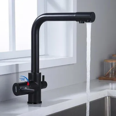 Immagine prodotto di rubinetto da cucina a 3 vie - Acqua potabile - Girevole a 360° - Miscelatore con 2 maniglie - Ottone nero