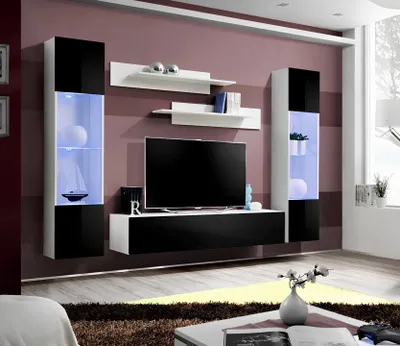 Immagine prodotto di Parete attrezzata nera per il soggiorno, mobili moderni di design Porta TV