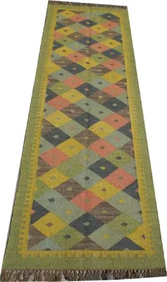 Produktbild von Orientalischer Grob Gewebter Kelim Teppiche 250*80 cm - Muster 3, Grün, Jute,Wolle, Teppiche, Bodenmatten