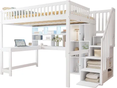 Produktbild von Merax Etagenbett Hochbett 140x200 cm, mit LED-Leuchten, Schreibtisch, Regalen, Stauraumleiter, Kinderbett aus Holz, Stockbett, Jugendbett, Natur