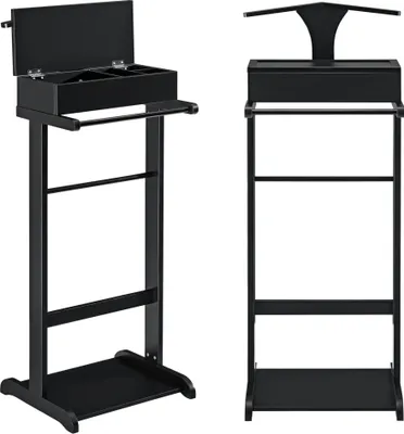 Two black valet stands are shown against a white background. The stand on the left has its storage compartment open, revealing dividers. The stand on the right has a hanger at the top.