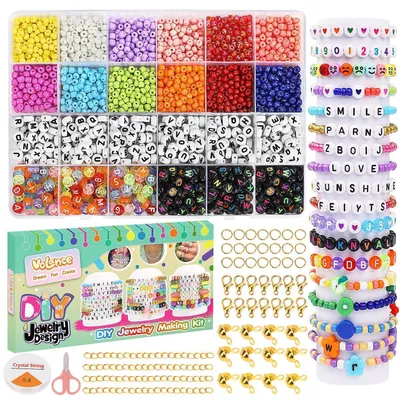 Produktbild von Perlen Set zum Auffädeln 3000 Teile, 4mm Glasperlen & Buchstabenperlen, Schmuck selber machen, DIY Halskette Armband