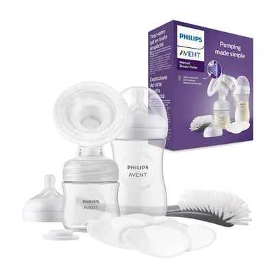 A Philips AVENT manual breast pump set is displayed against a white background, with its packaging visible.
