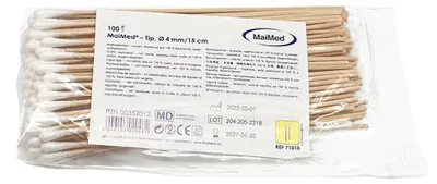 Produktbild von MaiMed - Tip (kleiner Kopf) unsteril Wattestäbchen, 15cm lang, Holzstab, 100 St./Beutel | Packung (100 Stück)