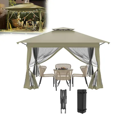 Image de Tente pliante XINZI Pop Up avec système « One Push », double toit, hauteur réglable, idéale pour les réunions de famille sur la terrasse (surface ombragée : 4 x 4 m) - Kaki