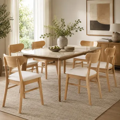 Produktbild von 6er-Set Esszimmerstuhl MCW-M59, Küchenstuhl Stuhl, Stoff/Textil Massiv-Holz helles Gestell, creme