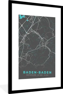 Produktbild von MuchoWow® Gerahmtes Poster Karte - Stadtplan - Baden Baden - Deutschland - Blau 60x90 cm - Poster mit Schwarzem Bilderrahmen Wandposter Rahmen Foto Bilder - Dekoration - Wandposter Wohnzimmer - Hochwertig