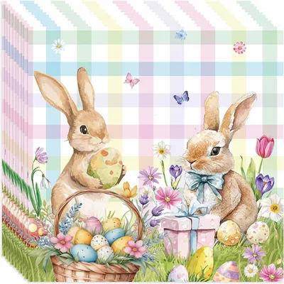 Produktbild von 40 Stück Bunte Karierte Osterservietten - Osterhasen Dekoration - Festdekoration - Servietten mit Osterhasen Motiv - Ostereier Servietten