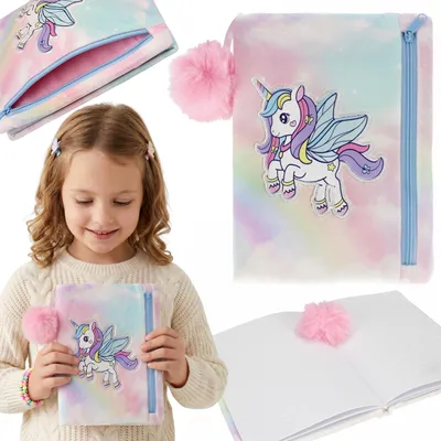 Produktbild von Plüsch-Notizbuch mit Einhorn-Motiv für Mädchen, liniertes Tagebuch/Schulheft A5 mit Federmäppchen