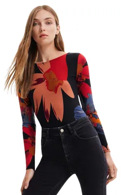 Produktbild von Desigual Grandflower Damen-Body, schwarz gestreift mit Blumenmuster, langärmelig, Größe XL