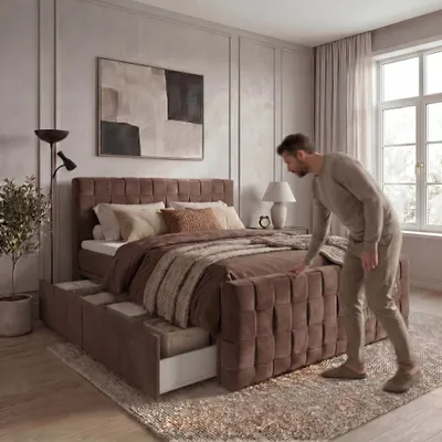 Produktbild von ELVORA DESIGNE Boxspringbett 180x200 cm BOLD mit Bonellfedermatratzen H3 & Topper, 4 Schubladen, Bronze