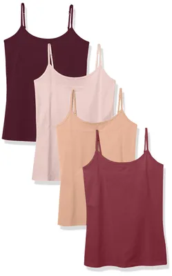 Produktbild von Amazon Essentials Damen Slim Fit Camisole 4er Pack, Camel/Dark Burgundy/Light Burgundy/Pale Mauve, Medium