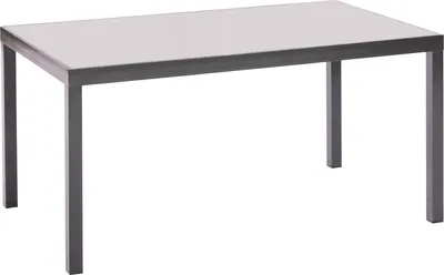 A rectangular table with a white top and gray metal legs, isolated on a white background.