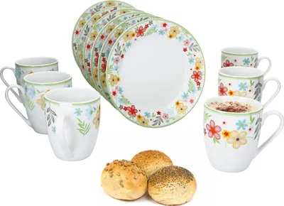 Produktbild von 12tlg Frühstücksset Variant Blümchen Porzellan 6 Personen Teller klein Kaffeebecher