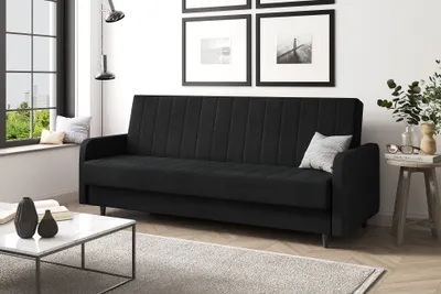 Produktbild von MEBLINI Sofa mit Schlaffunktion - Schlafcouch Ausziehbar - Schlafsofa mit Bettkasten - Sofabett - Couch mit Schlaffunktion - Klappsofa - ANDRES 3 - 218x87x93cm - Schwarz Samt