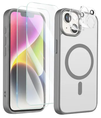 Immagine prodotto di Avizar, custodia protettiva compatibile con iPhone 14, con 2 protezioni in vetro temperato e 2 pellicole protettive per la fotocamera, colore grigio