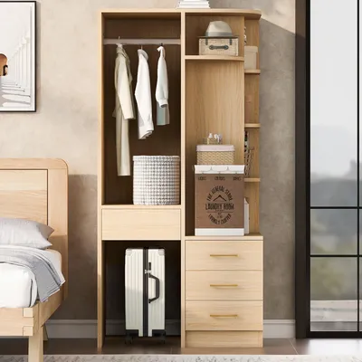 Produktbild von okwish Multifunktional Kleiderschrank mit Kleiderstangenteil und Schubladen, Eingangsschrank mit mehreren Ablagefächern,Viel Stauraum,Holz