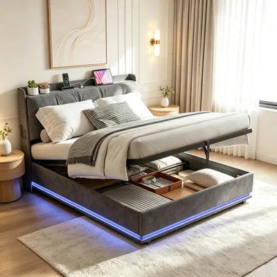 Obrázok produktu pre INONEFT Posteľ s pružinovým roštom, čalúnená posteľ 160x200 s LED osvetlením a USB portami, hydraulická posteľ s úložným priestorom, s čelom a latkovým roštom, dvojposteľ, posteľ pre mládež, zamat, sivá farba