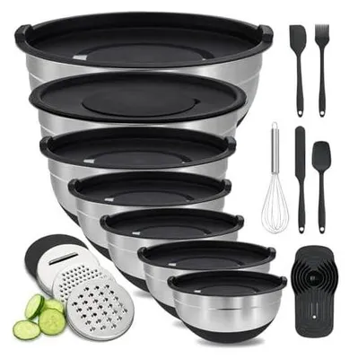 Produktbild von BEWOS Rührschüssel mit Deckel 7-teilig, Edelstahl Rührschüsseln mit Reibe, Nesting Design & Anti-Rutsch-Boden Rührschüssel, Größen 4.5, 4, 3.5, 2.1, 1.5, 1.1, 0.7 Qt zum Mischen&Servieren